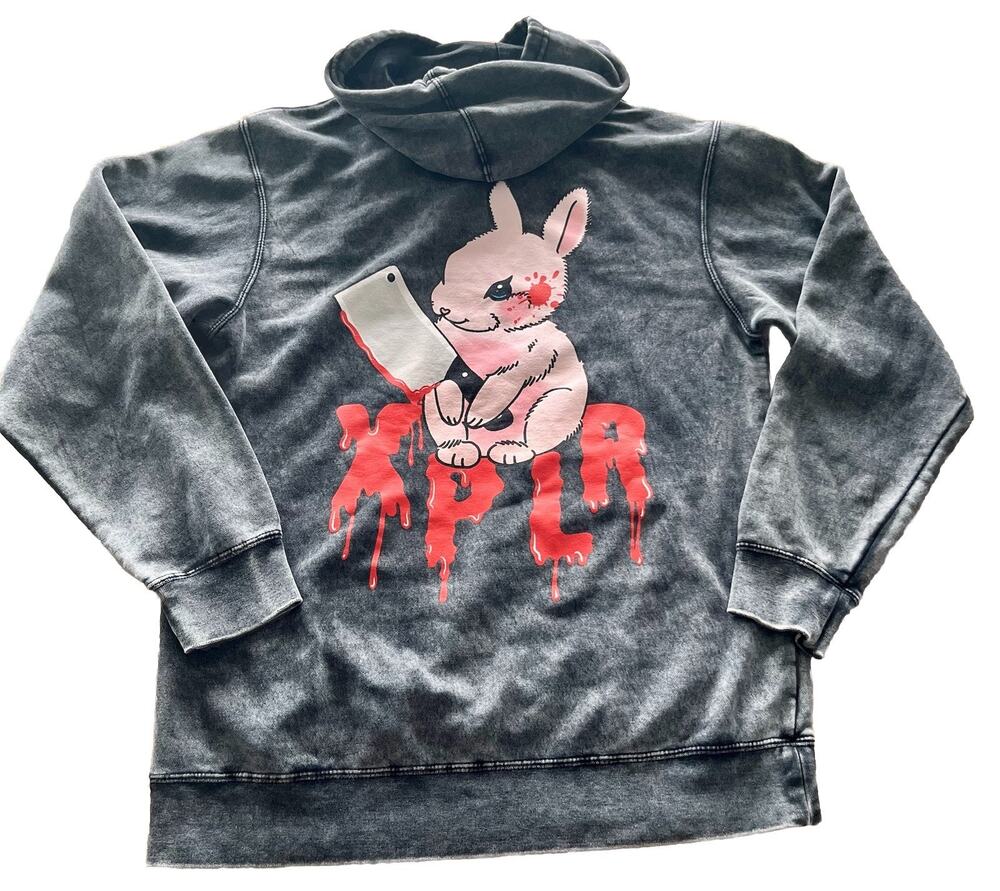 XPLR Sam & Colby Rabbit Cleaver Hoodie Mens M Acid Wash Gray Horror Graphic